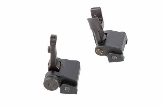 Midwest Industries Combat Rifle sight set folds flat for low-profile stowing that won't interfere with optics or accessories